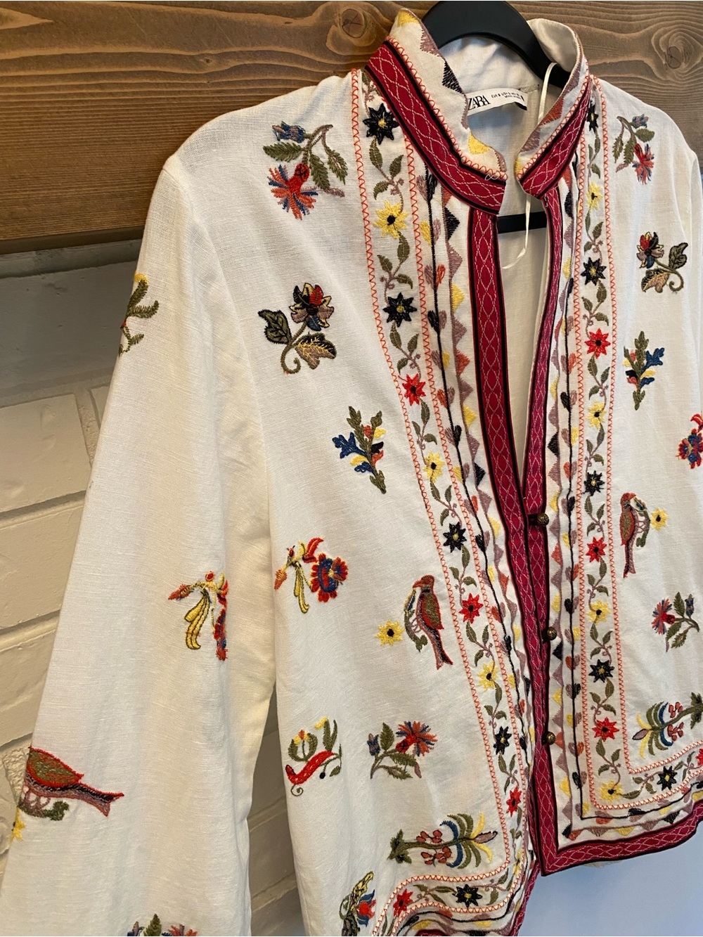 Zara Embroidered Cotton Linen Jacket Birds Flowers Boho Artisan Folk Size Small